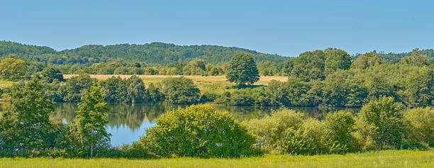 A serene Danish countryside scene featuring a still lake, vibrant green fields, and a mix of deciduous trees along the shore. Rolling hills and a dense forest create depth under a bright blue sky, conveying peace, renewal, and natural beauty suitable for nature and travel imagery.