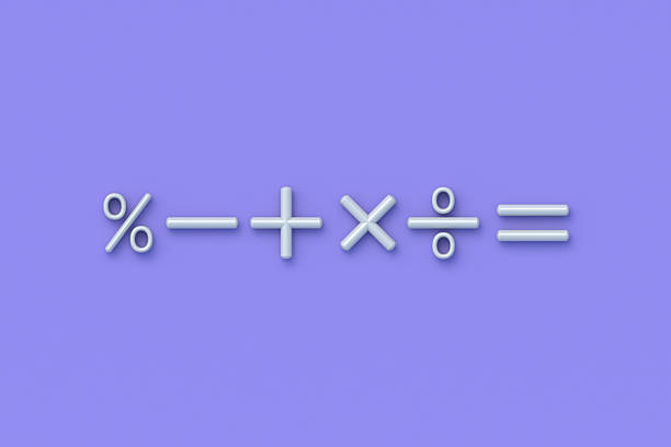 Set of mathematical symbols on violet background. Top view. 3d render