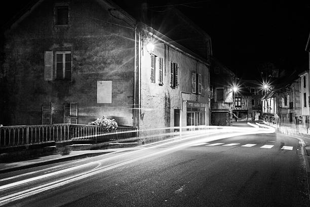 Traffic induced light trails in the town of Vitteaux, France in Burgundy