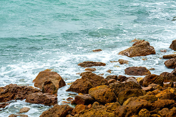 Crashing ocean waves against vibrant rocky shore—dynamic coastal beauty perfect for nature wallpaper or background.