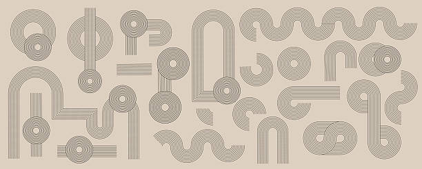 Line zen arch vector set with abstract geometric shapes. Simple linear rainbow arcs, circles in retro boho style, inspired by Mid century modern design. Minimalist graphic elements set.