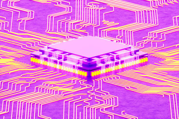 A high-detail 3D rendering of a central processing unit (CPU) situated on a deep purple textured surface. This visual serves as a sophisticated metaphor for artificial intelligence (AI), machine learning, and global digital infrastructure. It captures the complexity of modern motherboard engineering and high-speed data processing, making it an ideal asset for technology-related web headers, cybersecurity branding, and futuristic scientific presentations.