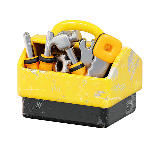 Professional 3d rendering of a yellow tool box with manual hand tools for home improvement construction and repair works isolated on transparent background