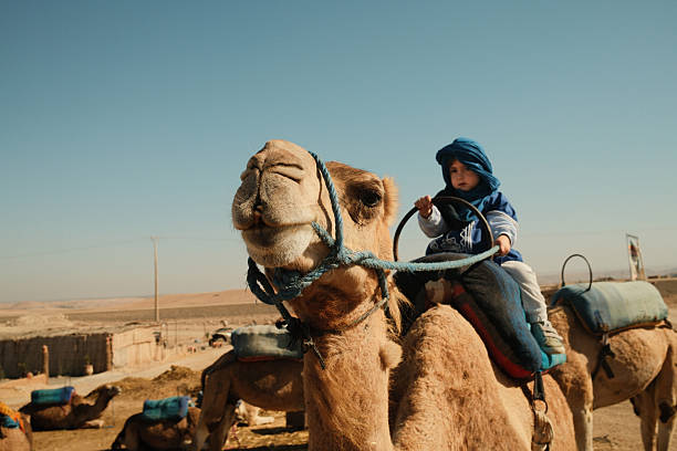 Young boy wearing blue turban enjoying a camel ride in the desert landscape of Morocco. Travel, adventure, and childhood experience