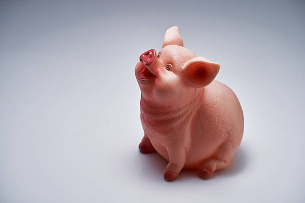 Piggy bank upside down on white table in front of white background.