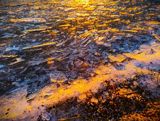 Close-up of overlapping ice plates and floes on Neusiedler See at Seegelhafen West glowing with golden sunset reflections, dark blue shadows and rocky foreground pebbles capturing shimmering winter lake texture.