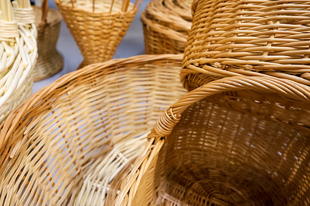 Several wicker baskets made of natural materials, close-up