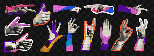 Collection of funky retro-style collage hands in halftone texture with bold gradients. Includes thumbs up, peace sign, OK, pointing, and rock gesture. Isolated elements for graphic use.