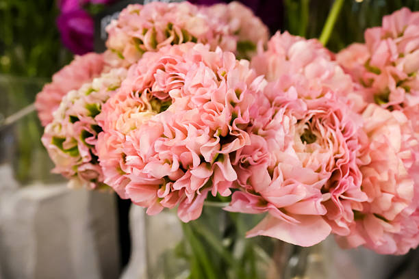 Elegant assortment of white ranunculus, dusty pink roses, and cream yellow roses with delicate petals in fresh floral display.