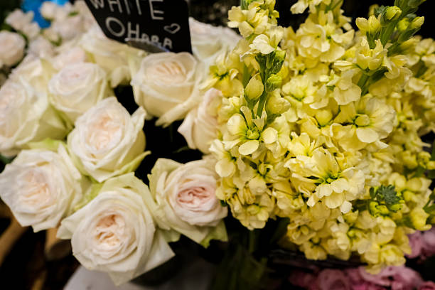 Elegant assortment of white ranunculus, dusty pink roses, and cream yellow roses with delicate petals in fresh floral display.