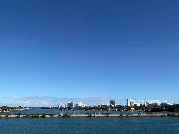 Miami, Florida, cityscape featuring a skyline of buildings, lush palm trees, and serene turquoise waters under a vast blue sky, emphasizing the vibrant travel destination and tourism