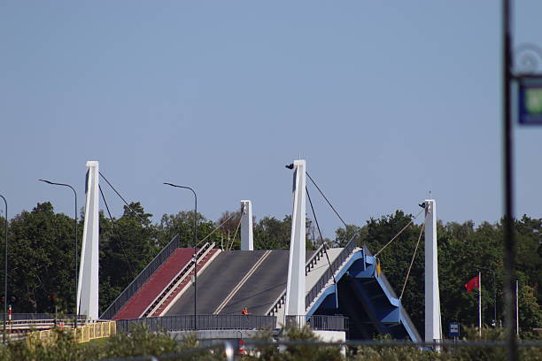 Close-up cable stayed bridge over New town Creek in New York City. Brooklyn Expressway. Low angle view