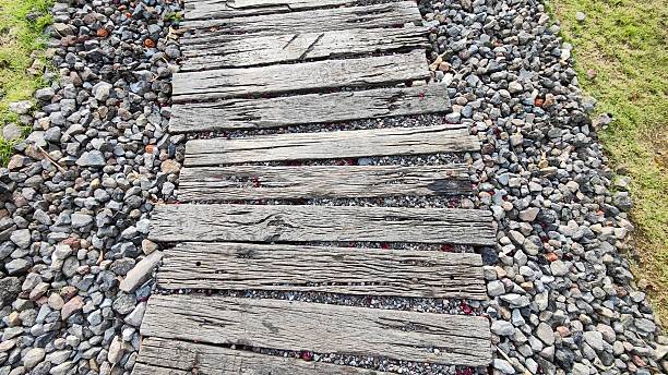 Shot from above of a walking pathway made from rectangular rustic wooden cutouts placed in a row with small gaps between each piece. The wooden path runs through the center, bordered by rough small stones and gravel on both sides, with grass visible along the outer edges.Conceptwooden pathway, garden path, rustic wood, top view, stepping path, landscape design, outdoor walkway, gravel stones, garden landscaping, natural materials, backyard garden, eco design, pathway texture, lawn grass, outdoor flooring