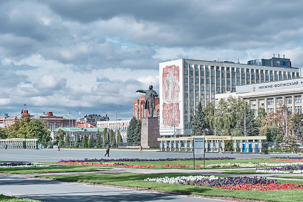 Saratov, Russia - September 29, 2025: Wide view of Theatre Square. Large monument to Vladimir Lenin and surrounding administrative and office buildings.