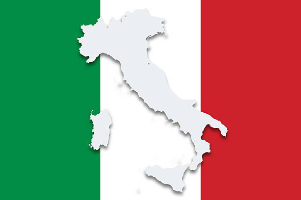 Italy, country silhouette on national flag. Gray outlines of the Italian Republic, with cast shadow on the Tricolore, an horizontal banner of 3 equally sized vertical bands of green, white, and red.