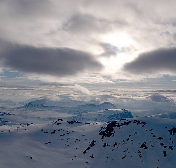 View from a ski slope at Myrkdalen Alpine Ski Resort in Norway, Scandinavia, Europe in winter (April).