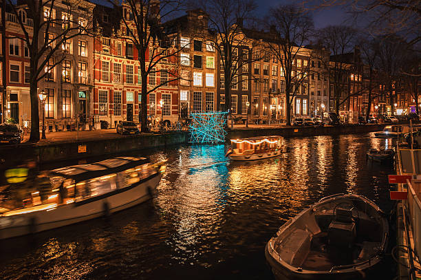 Amsterdam, Netherlands - January 3, 2026: Historic buildings and boats reflected in calm canal waters under a winter sky.