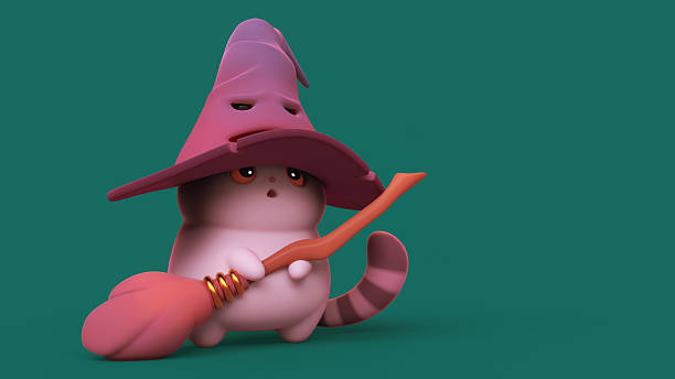 Surprised kawaii wizard cat in a big witch's purple hat with a broom in its paws stands on its hind legs. Funny cute fat cat with white belly, striped tail, orange eyes. 3d render on green backdrop