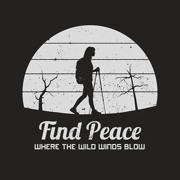 Hiking alone. Black white retro 70s design