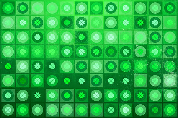 This vibrant green abstract background features a rhythmic grid of geometric shamrocks and clovers, perfect for celebrating St. Patrick's Day as the textured digital illustration blends shades of emerald and lime, creating a modern yet festive atmosphere for seasonal holiday graphic designs.