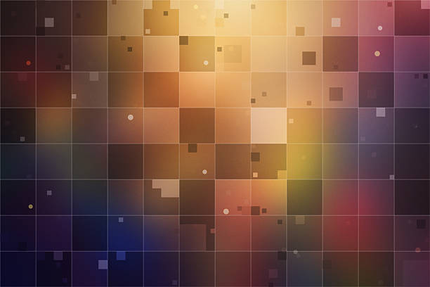 This vibrant abstract background showcases a sophisticated digital grid with glowing squares and a soft bokeh effect, creating a futuristic and technical atmosphere. The blend of warm gold and cool purple tones makes it perfect for modern technological or creative digital presentations.