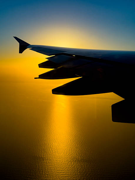From the window of the A380 aircraft, the plane's wide wings and the skyline view behind it.