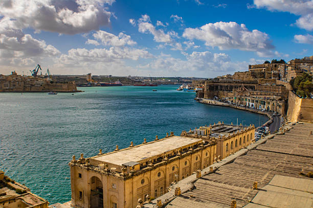 Panoramic view at the Grand Harbour from the Lower Barrakka Gardens, Valletta, Malta