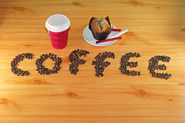 Paper Cup Cupcake at Tray Roasted Coffee Beans English Letters Sign at Wooden Table