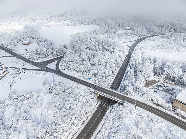 Drone flight in winter over viaduct in white frozen woodland in the suburbs, capturing the essence of peaceful winter solitude and nature's untouched beauty.