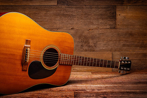 Close-up of an acoustic guitar resting against a rustic wooden wall and floor, creating a warm, musical atmosphere with ample copy space.