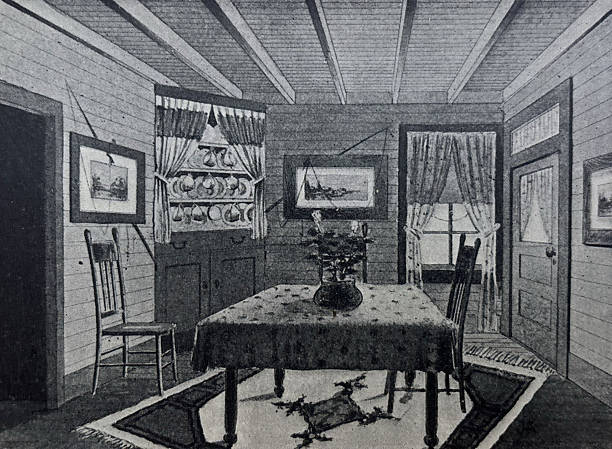 Antique illustration pre 1900 - room on a house boat with cabinet - table - chairs