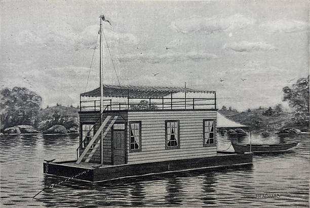 Antique illustration pre 1900 - small houseboat on calm water