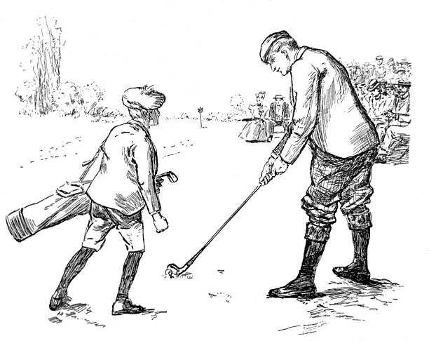Antique illustration pre 1900 - man taking a golf shot with his caddy standing near by