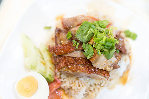 Rice with roast duck on top served with boiled egg in a white plate