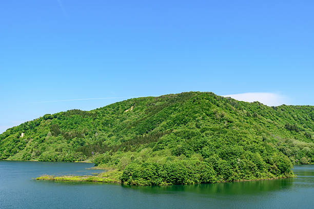 Lake Shirakawa: Blue sky, remaining snow and fresh green submerged forest
