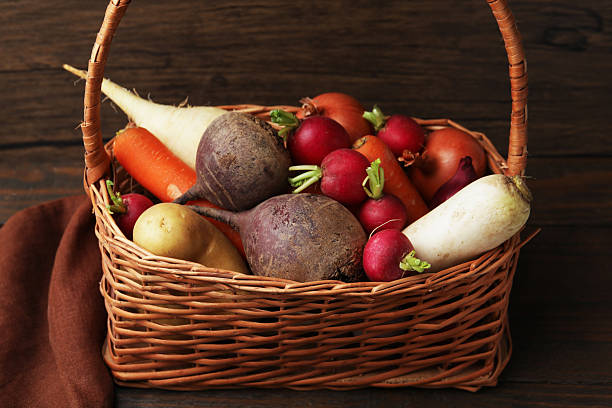 Different raw vegetables in wicker basket on wooden table, closeup