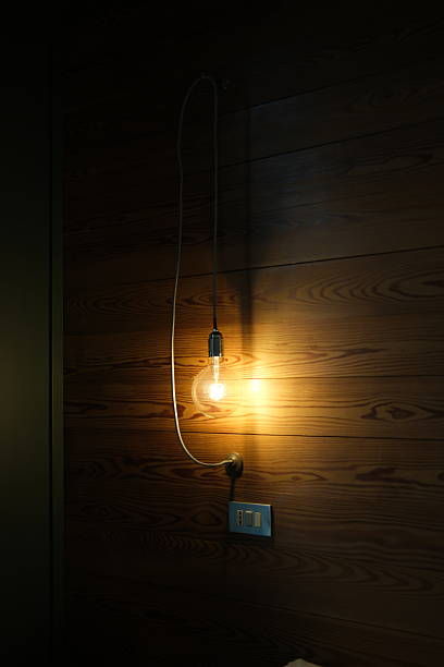 A single incandescent-style light bulb fully illuminated in a dark room. The warm orange glow casts soft light and shadows on a rustic wooden plank wall, creating a cozy and moody atmosphere.