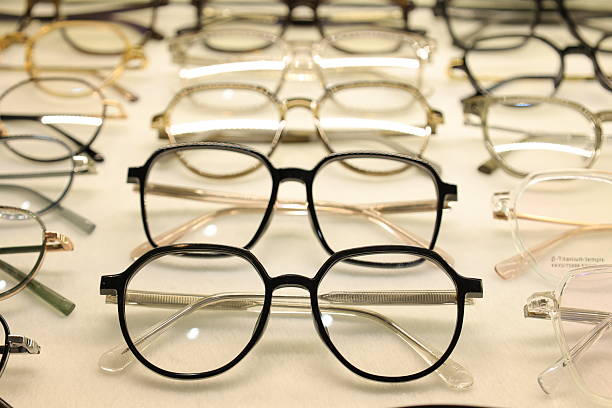 Retail, optometry and a selection of glasses or prescription frame lenses on a rack in store for vision. Fashion, product sale and a variety of eyewear in stock for ophthalmology on show at a clinic