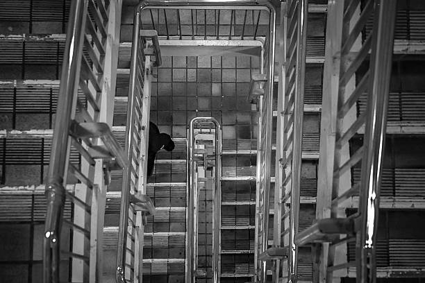 A black-and-white architectural photograph capturing a dramatic top-down view of a staircase, emphasising symmetry, repetition, and strong geometric lines. The layered handrails and steps create a sense of depth and visual rhythm, making this image ideal for urban, abstract, and fine-art stock applications.