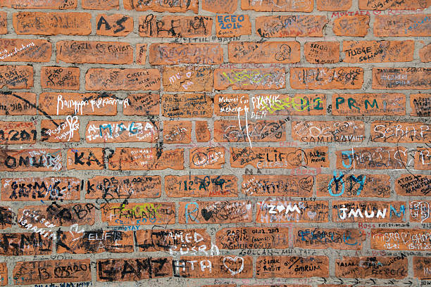 Izmir, Turkey - Close-up view of a textured red brick wall covered with handwritten names, dates, drawings and colorful graffiti made by visitors, reflecting urban culture, personal memories and spontaneous street art in a popular historic area of Izmir, creating a raw background with strong texture and visual detail