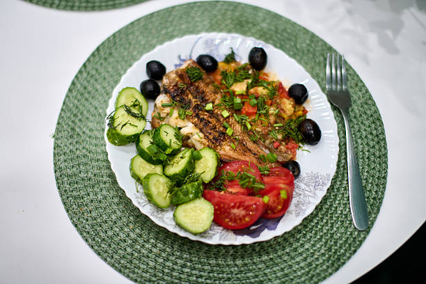 A healthy dish of grilled chicken breast topped with herbs and spring onions, served with baked potatoes, corn on the cob, fresh tomatoes, cucumbers and green beans.