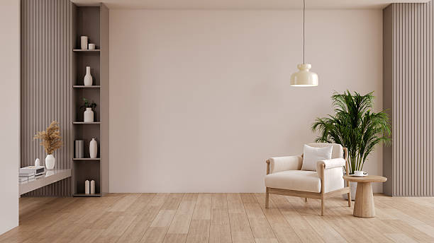 istock Minimalist home decor background with blank wall, shelving and copy space..3d render 2259032114