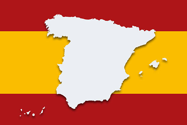 Spain, country silhouette on civil flag. Gray outlines of the Kingdom of Spain with cast shadow on the Bandera. Horizontal banner of two red stripes on top and bottom, and a yellow one in the middle.
