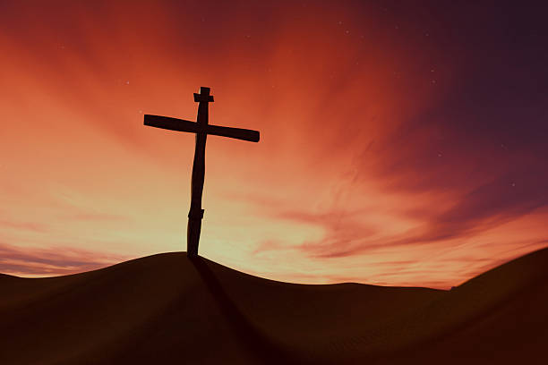 Easter, creative idea. Cross at sunset. Calvary cross under a starry evening sky. A powerful religious concept representing faith, sacrifice, and Christianity in a modern, cinematic style