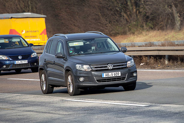 January 22, 2026: A Volkswagen car on German highway A3 nearby Wiesbaden, Germany. VW is a brand of the Volkswagen Group, which is a German automobile manufacturing group based in Wolfsburg, Germany and founded in 1937