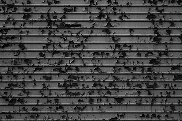 Full frame, monochrome close-up of a heavily aged and distressed corrugated metal panel, showcasing severe paint peeling and flaking, forming a textured background