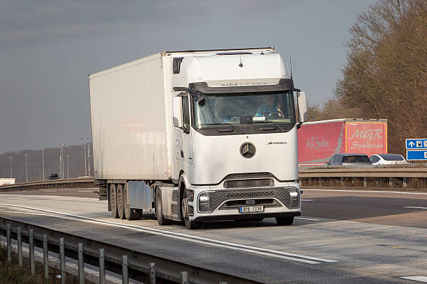 Medenbach, Germany - January 22, 2026: Heavy traffic and trucks on German highway A3 nearby Wiesbaden on a sunny day