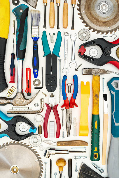 istock Flat lay of new and used hand tools on white background. 2259053070