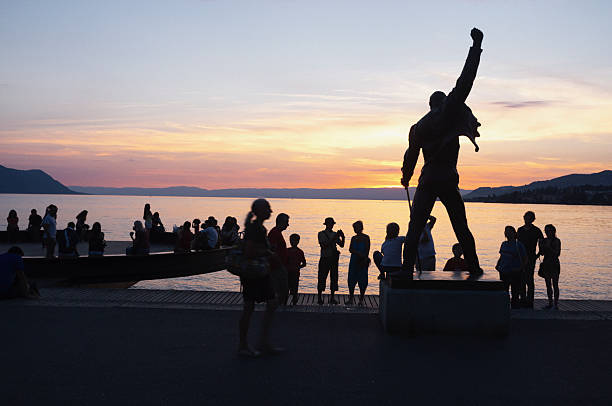 Montreaux, Switzerland - August 17, 2013: Peloe relax by the Lake Geneva at Sunset in Montreux.