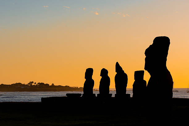 Moais at sunset, Easter Island, Rapa Nui.